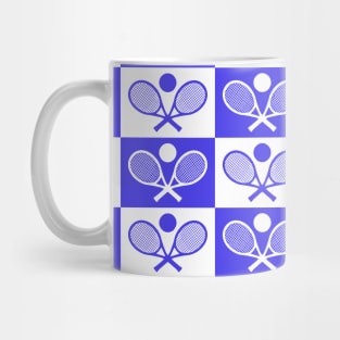 Checkered Tennis Seamless Pattern - Racket and Ball in Blue and White Tones Mug